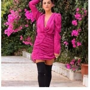 Zara Satin Effect Fuchsia Pink Polka Dot Mini Dress V-Neck Ruched Small